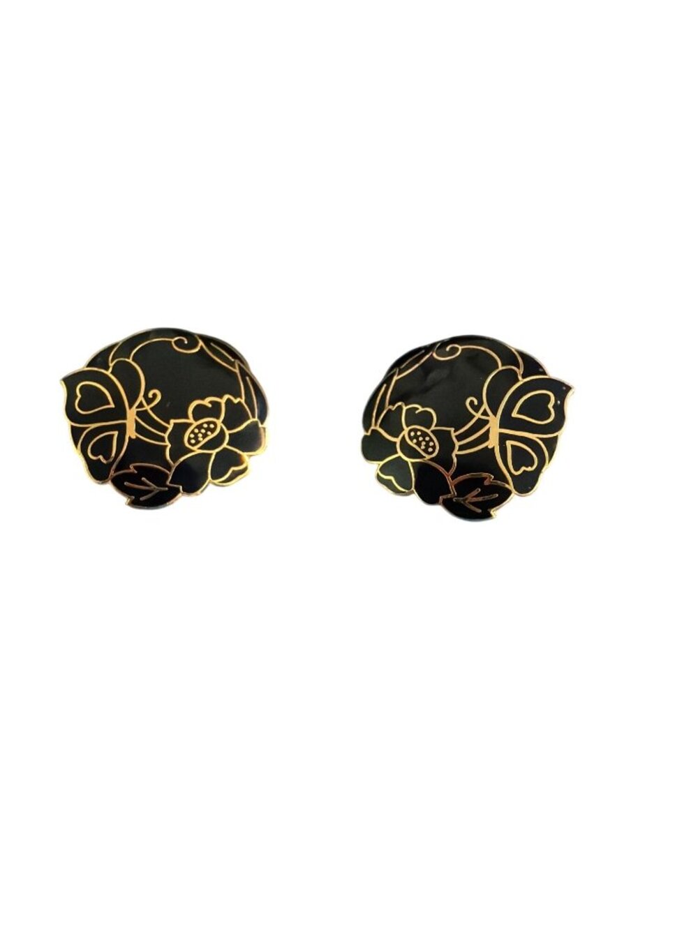 Vintage Avon Black Gold Tone Cloisonne Earrings Butterfly Flower Estate 80s 1"